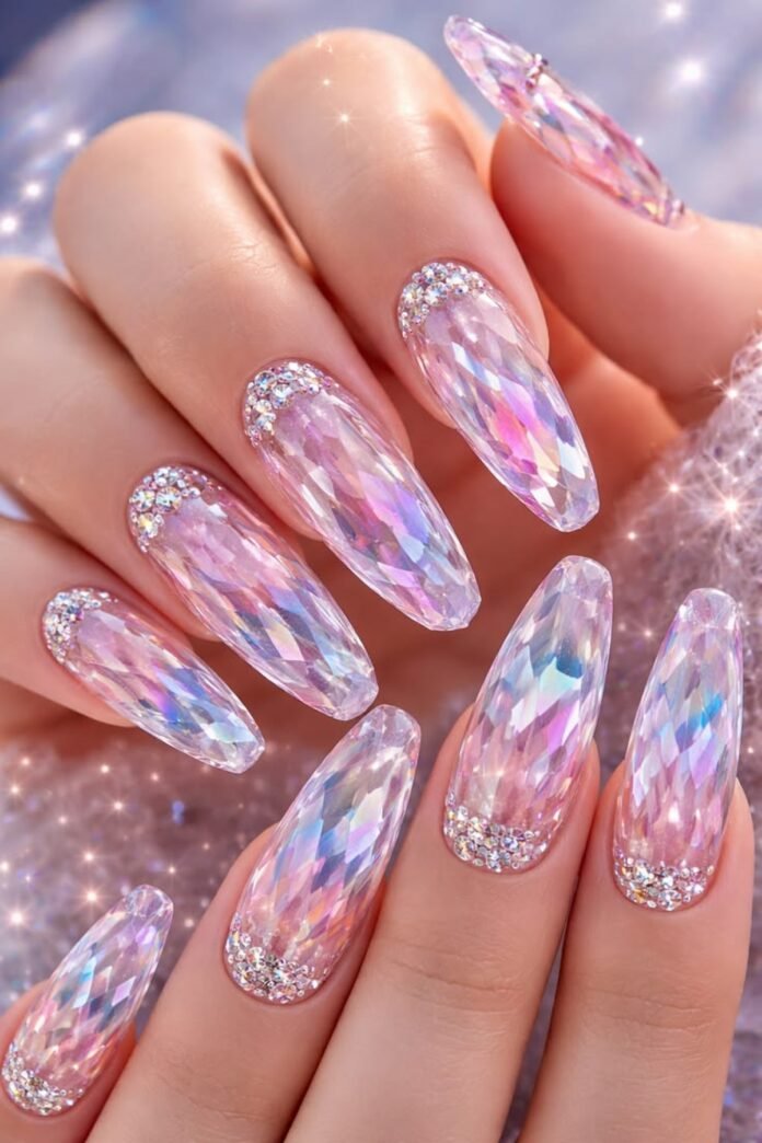Long coffin-shaped crystal nails with iridescent glass-like finish and rhinestone cuticle accents