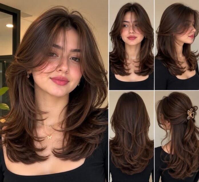 Woman with layered butterfly haircut shown from multiple angles