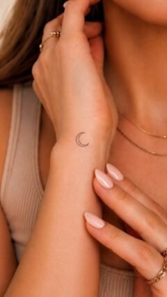 Small crescent moon tattoo design on wrist for women