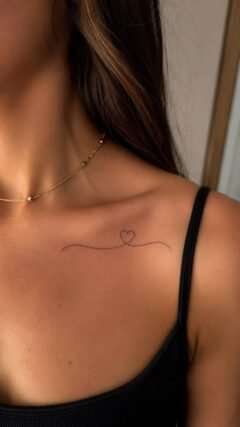 Fine-line heart outline tattoo on collarbone for women