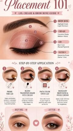 How to apply eyeshadow placement guide showing lid, crease, brow bone, and outer V shading