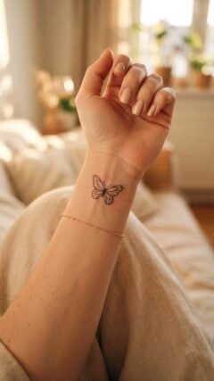 Tiny micro butterfly tattoo representing personal transformation