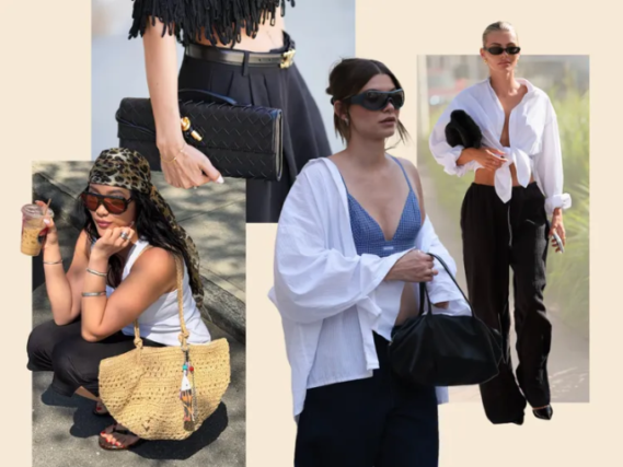 Collage of four outfits: a woman in a leopard-print headscarf with a woven straw shoulder bag, a black quilted clutch held by a fringe-skirt outfit, a white oversized shirt look with a black top-handle bag, and a white button-down with black trousers carrying a black top-handle bag