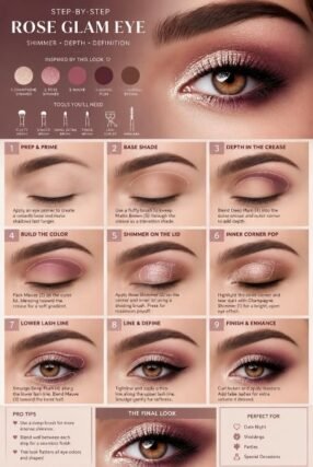 Rose glam eyeshadow tutorial with shimmer, depth, and definition applied step by step