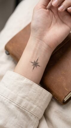 Tiny single star tattoo on inner wrist for women