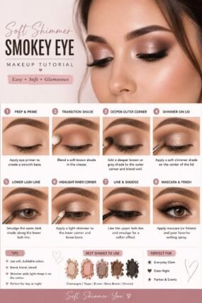 Soft shimmer smokey eye makeup tutorial showing eight application steps
