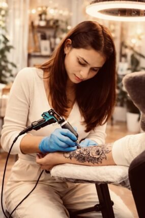 Woman getting a small fine-line tattoo at a professional studio