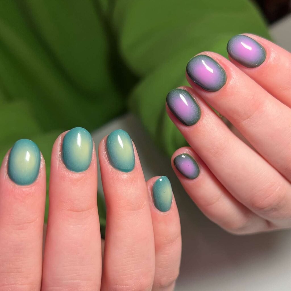 Teal and purple ombre aura nails on short round tips