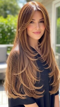 Wavy layered hair with face-framing highlights