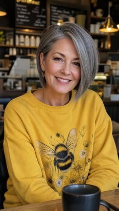 Asymmetrical bob haircut for straight fine mature hair