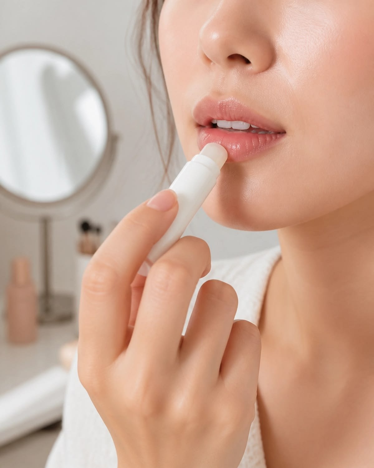 Lip balm applied before matte lipstick as a winter prep routine