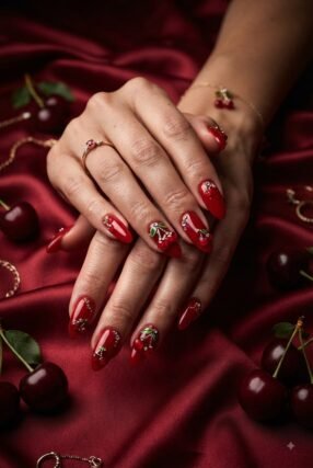 3D cherry nail art red accent