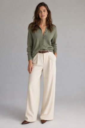 sage green cardigan and cream trousers fall outfit