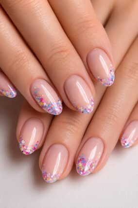 Confetti inspired nail art on a nude base