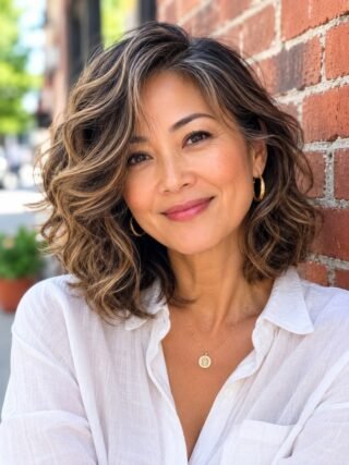 Curly or wavy layered lob for mature textured hair