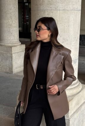 Espresso brown leather blazer fall jacket trend