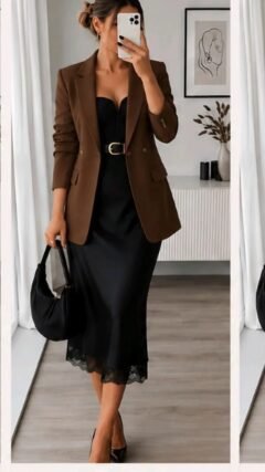 Espresso leather blazer styled for an evening event
