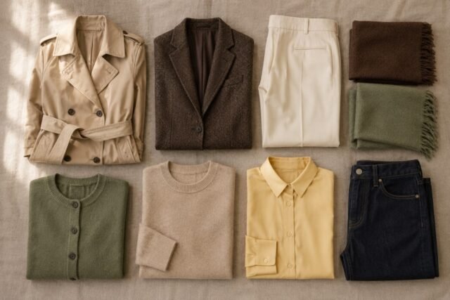 16 named fall capsule wardrobe items flatlay