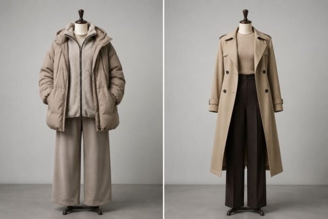 sleek fall layering versus bulky Michelin man look