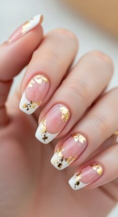 Gold foil accent nail art on nude and black bases