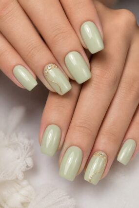 Pastel green nails with gold accent details