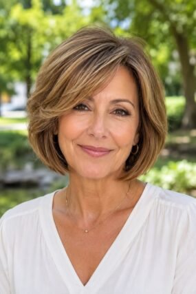 Layered bob with face-framing pieces for graying hair