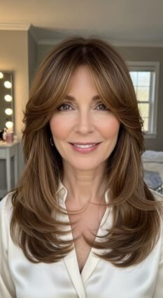 Long layers with curtain bangs hiding thinning hairline