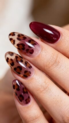 Cherry and leopard print mashup nail art