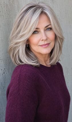 Collarbone-length haircut with side-swept bangs for mature hair