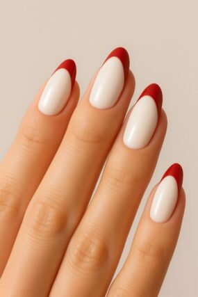 milky base red tip nails minimal