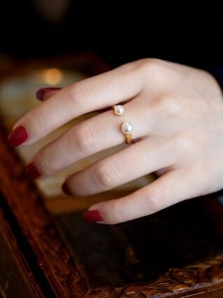 Pearl embellished open adjustable gold cuff ring
