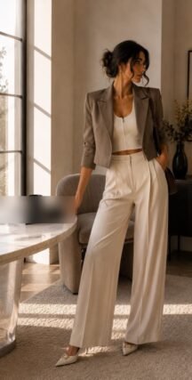 cropped blazer with high-waisted trousers for petite frame