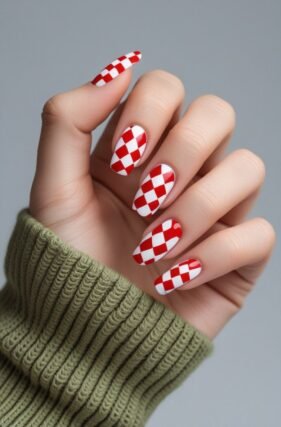 red white checkerboard nail design
