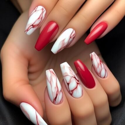red white marble nail art design