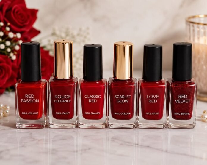 red nail polish manicure collection flat lay
