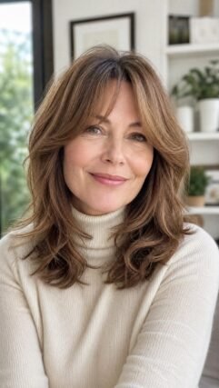 Soft shag haircut with wispy bangs for thinning hair