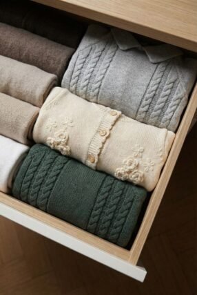 folded sweaters stored on shelf to prevent stretching