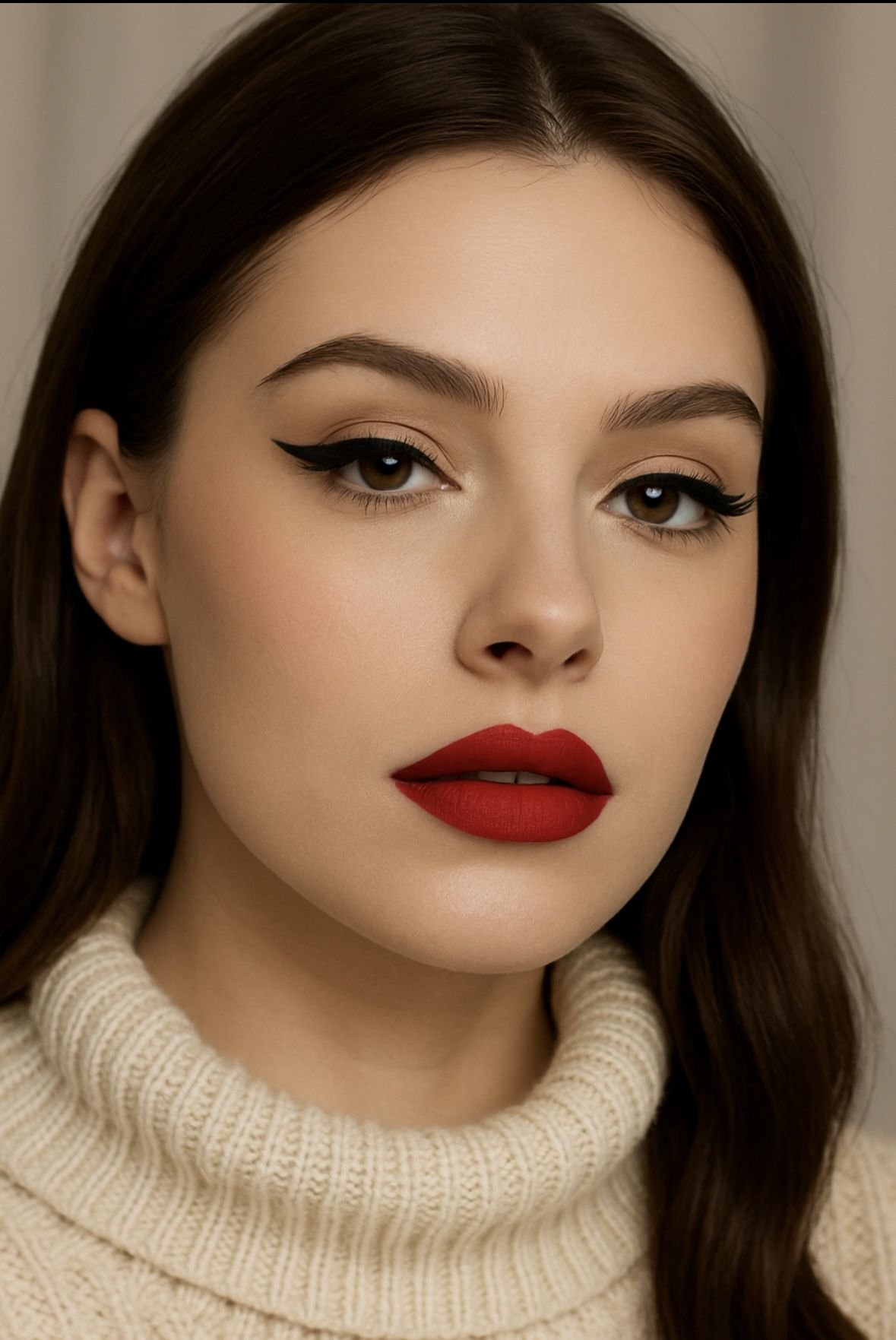 Finished winter makeup look with a bold matte lip color