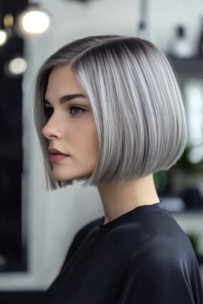 Blunt chin-length bob on gray hair with ends puffing outward