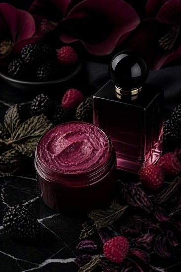 Dark berry and deep patchouli perfume layering stack