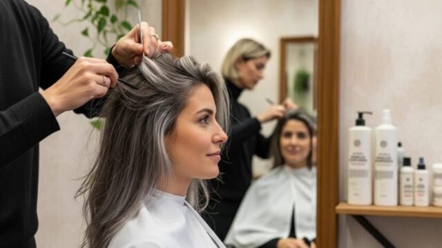 Stylist point-cutting the ends of a gray bob with scissors to remove bulk