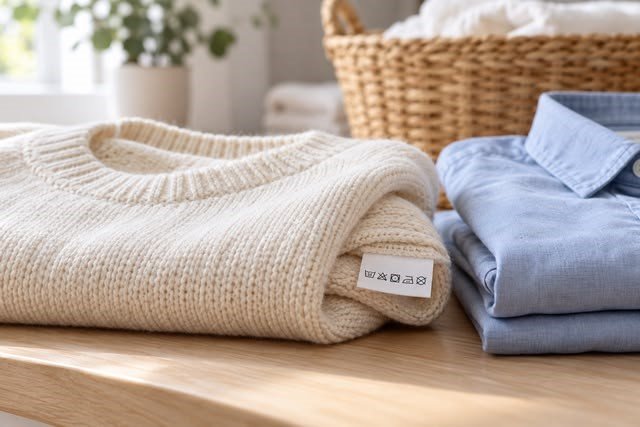 Care label inside a merino wool sweater: hand wash cold, do not tumble dry, dry flat in shade